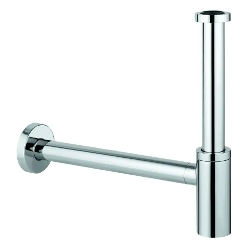 Chromfarbener Geruchverschluss von Grohe mit zwei Rohren, einem horizontalen und einem vertikalen. Geeignet für die Montage an Waschtischen.
