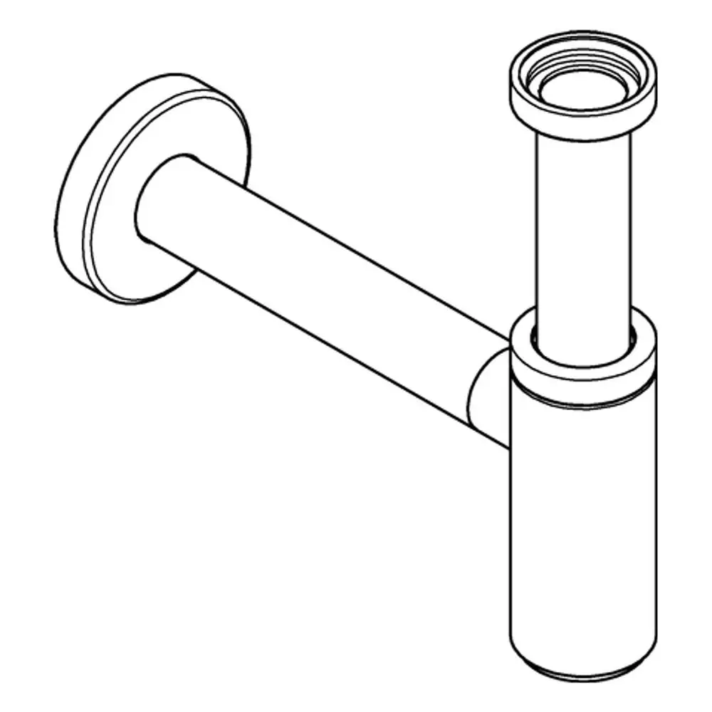 Geruchsverschluss von Grohe, gekennzeichnet durch eine runde Wandplatte und eine senkrechte Rohrstruktur mit einem zylindrischen Fuß, der an einem Waschbecken montiert wird.
