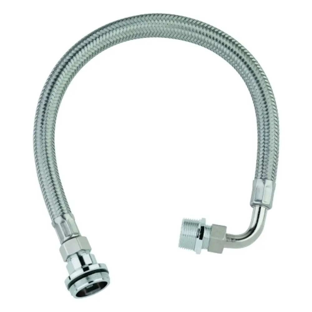 Flexible Chromwasserschlauch mit einem geraden und einem gewinkelten Anschluss, geeignet für die Verwendung in sanitärtechnischen Anwendungen von Grohe.