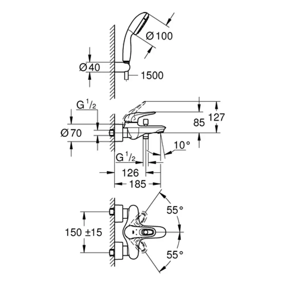 Technische Zeichnung eines Wandbatteriesystems mit einem Hebel von Grohe, inklusive Maße und Anschlussdetails für die Installation.