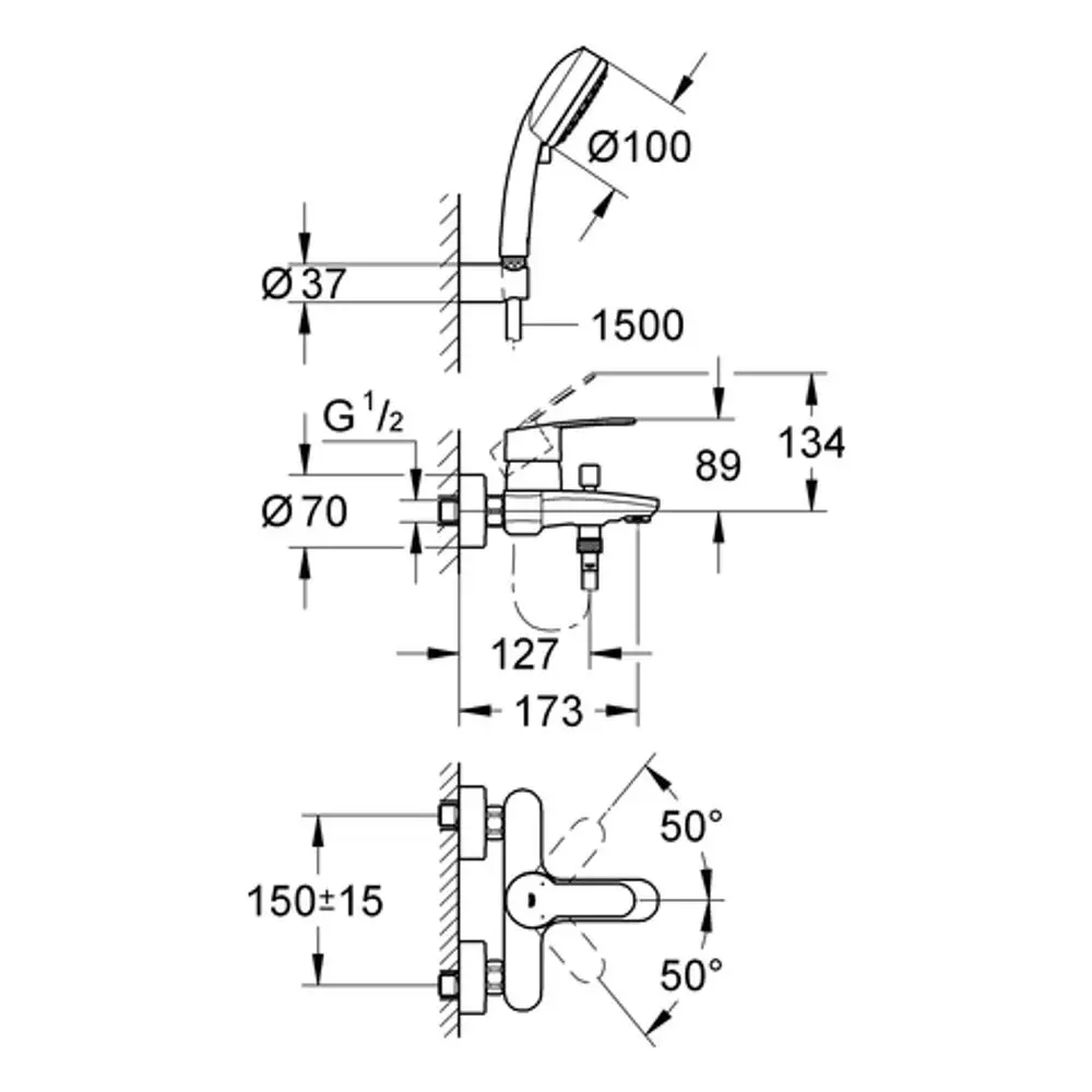 Grohe Wannenbatterie mit Wandhalterung, ausgestattet mit einem Handbrausekopf und einem Hebelmischer. Technische Zeichnung mit Maßen und Anschlussdetails.