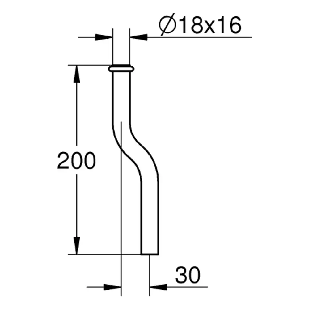 GROHE Urinal-Spülrohr in gebogener Form aus Messing, mit Anschluss und einer Länge von 200 mm, montiert in aufrechter Position.