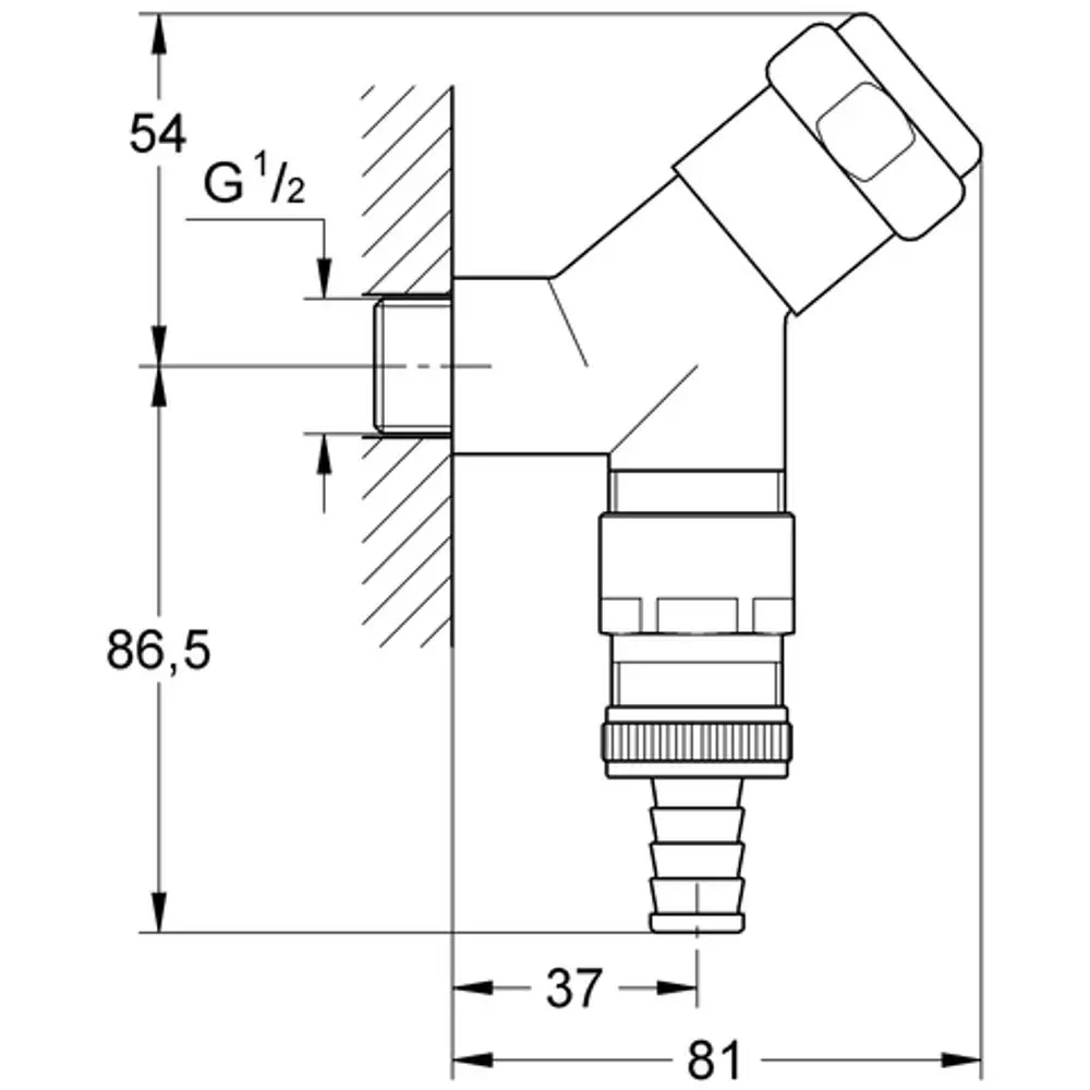 Schrägsitzventil mit Design-Griff, geeignet für Wasseranschlüsse. Sichtbare Chromoberfläche und Anschlussmöglichkeiten sind erkennbar. Hersteller ist Grohe.