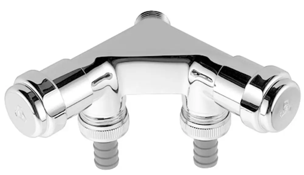 Chromfarbenes Wasser-Doppelventil mit zwei Griffen und Anschlussmöglichkeiten. Grohe-Design für die einfache Steuerung von Wasserflüssen.