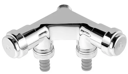 Chromfarbenes Wasser-Doppelventil mit zwei Griffen und Anschlussmöglichkeiten. Grohe-Design für die einfache Steuerung von Wasserflüssen.