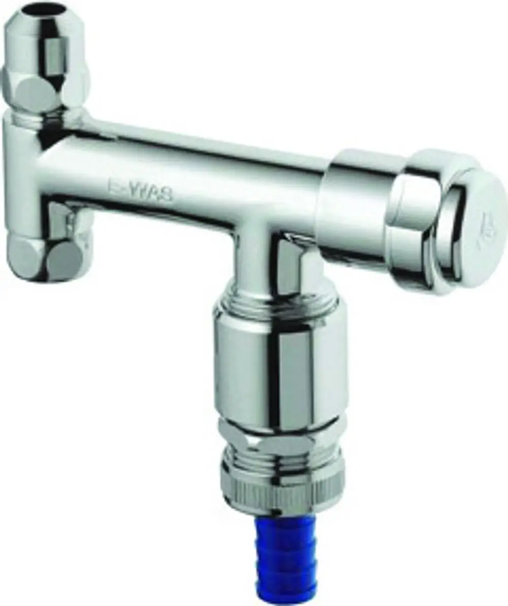 GROHE Ventil in Chromoptik mit zwei Anschlussgewinden und einem blauen Rohranschluss. Das Design zeigt einen kompakten und funktionalen Aufbau.