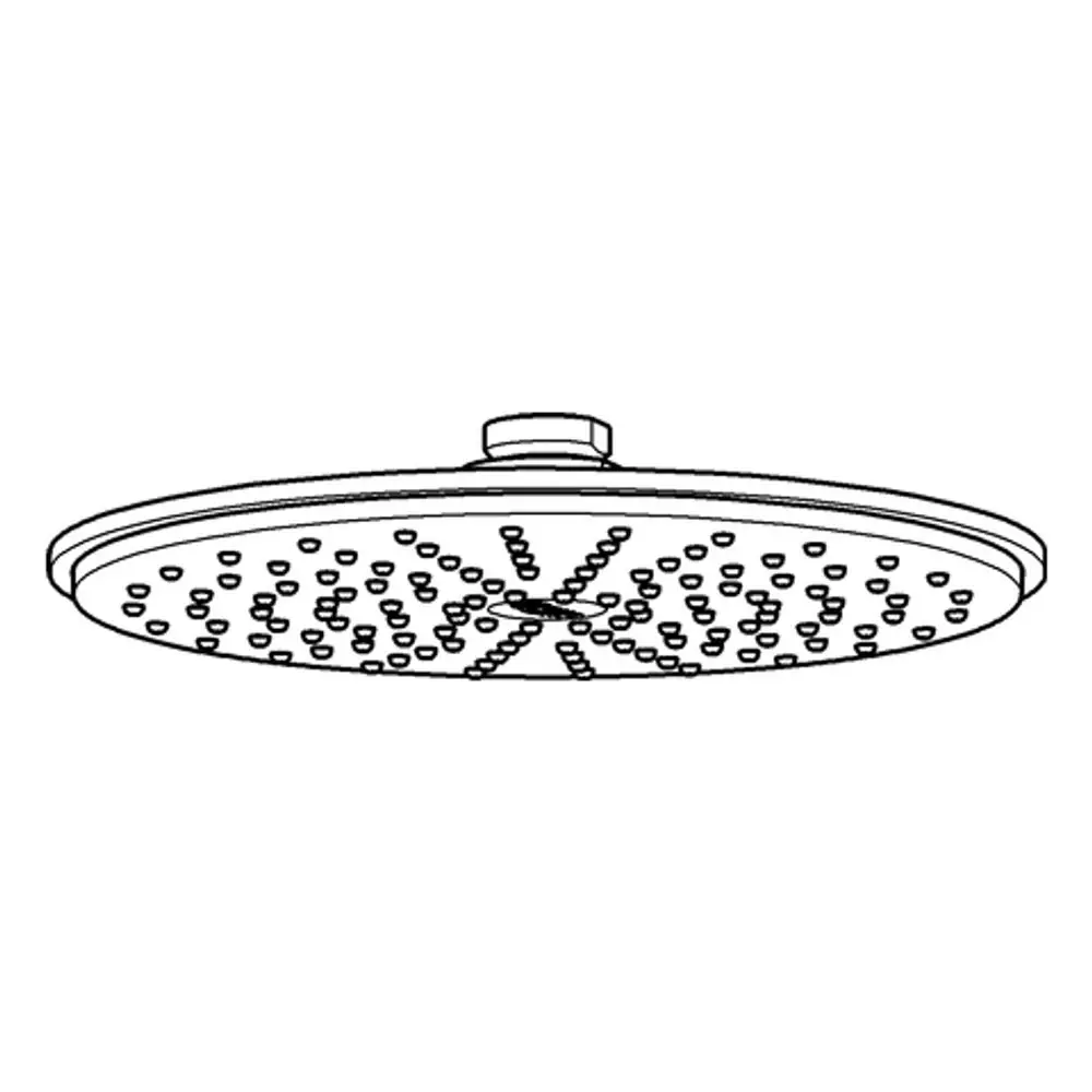 Grohe Kopfbrause in runder Form mit mehreren Düsen auf der Vorderseite, montiert auf einem zentralen Anschluss. Oberfläche in Chrom-Optik.
