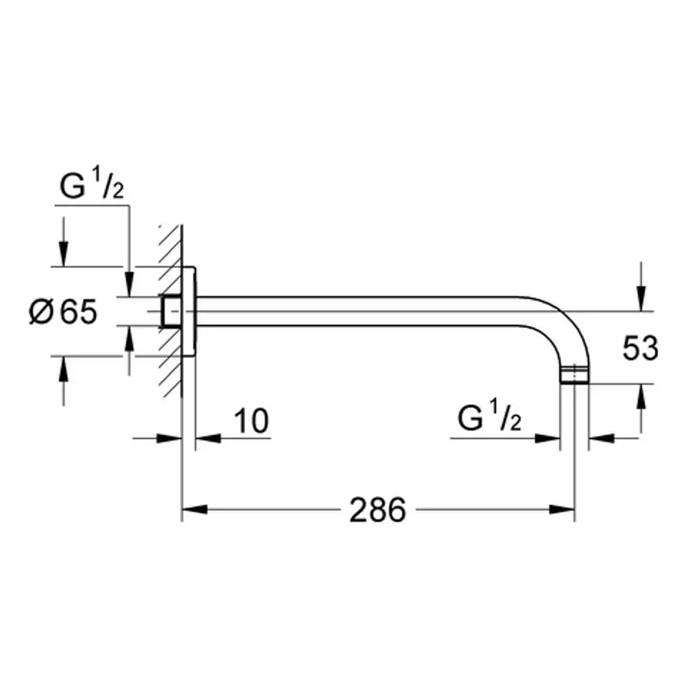 Grohe Brausearm mit einer Ausladung von 286 mm. Der Arm hat einen Durchmesser von 65 mm und ist für G½-Anschlüsse geeignet.