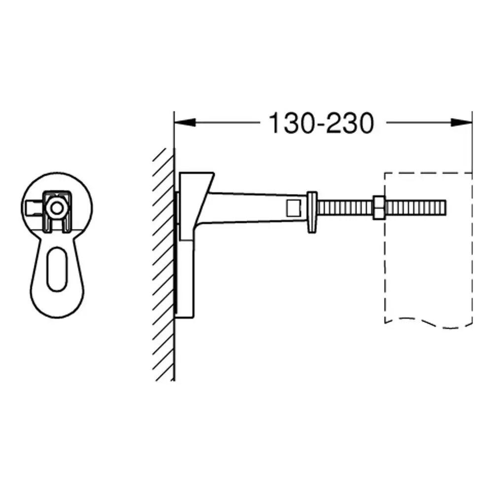 GROHE Wandwinkel für die Vorwandmontage, gezeigt in einer technischen Zeichnung mit Details zur Befestigung. Design für Montage an einer Wand.