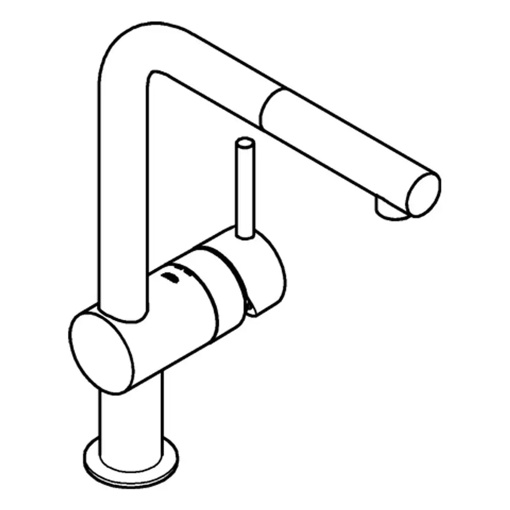 Küchenarmatur von Grohe mit ausziehbarem Auslauf. Der Körper hat eine geschwungene Form und eine runde Basis, der Auslauf ist lang und gerade.