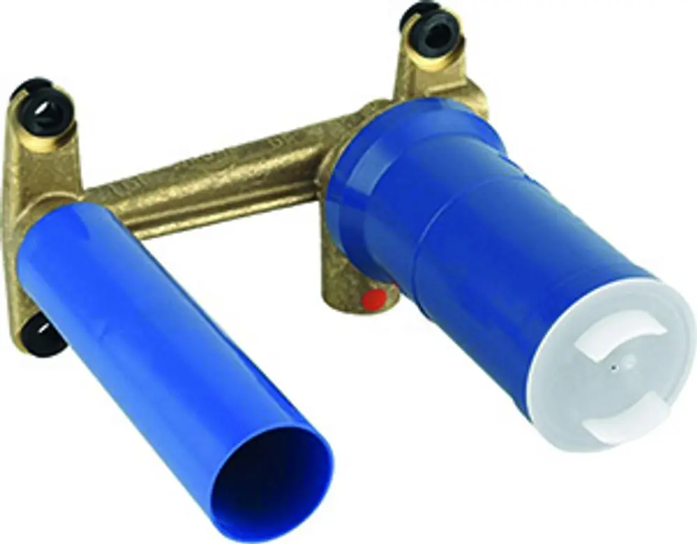Brauner Einbaukörper mit zwei blauen Rohren für Wandarmaturen, ausgestattet mit Gummidichtungen und einer Abdeckung. Hersteller: Grohe.