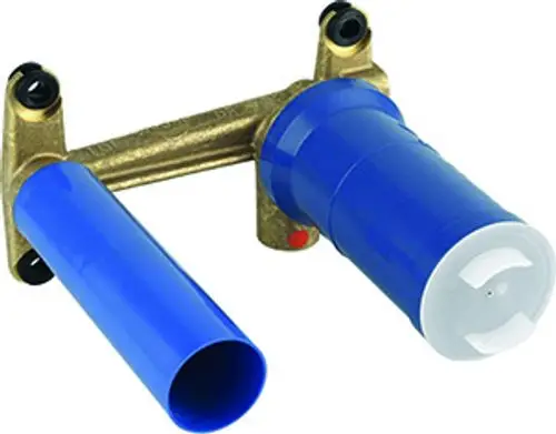 Brauner Einbaukörper mit zwei blauen Rohren für Wandarmaturen, ausgestattet mit Gummidichtungen und einer Abdeckung. Hersteller: Grohe.