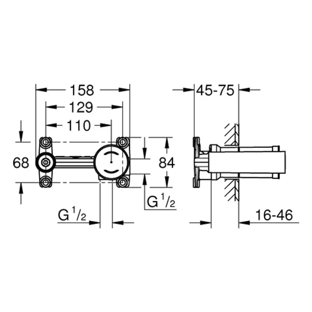 GROHE Universal-Einbaukörper mit Abmessungen und Anschlüssen für die Installation von 2-Loch-Wandbatterien, dargestellt in technischer Zeichnung.