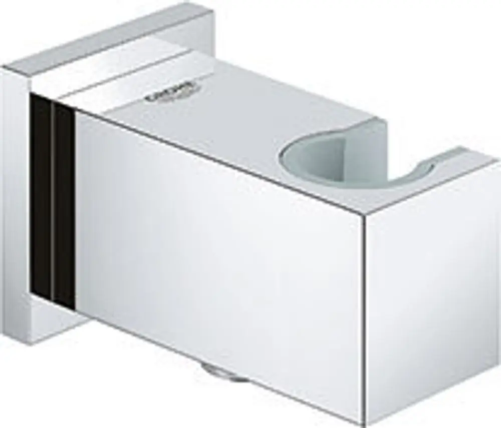 Wandanschlussbogen in quadratischer Form mit Halter für eine Wandbrause, gefertigt von Grohe. Oberfläche in glänzendem Chrom.