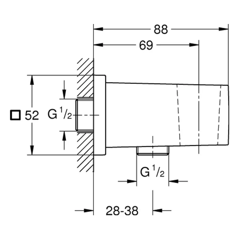 Grohe Wandanschlussbogen mit Wandbrausehalter, zeigt eine schematische Darstellung mit Abmessungen und Anschlussmaßen G½ für die Installation an der Wand.