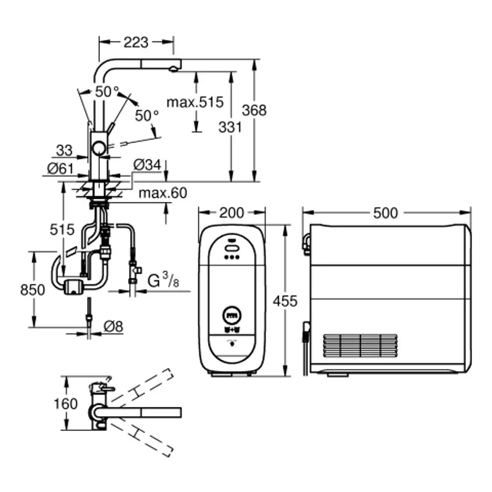 Technische Zeichnung eines Grohe-Wasserhahns mit verschiedenen Maßen und Montageskizzen, einschließlich eines seitlichen Blicks auf das Gerät und der Installationsdetails.