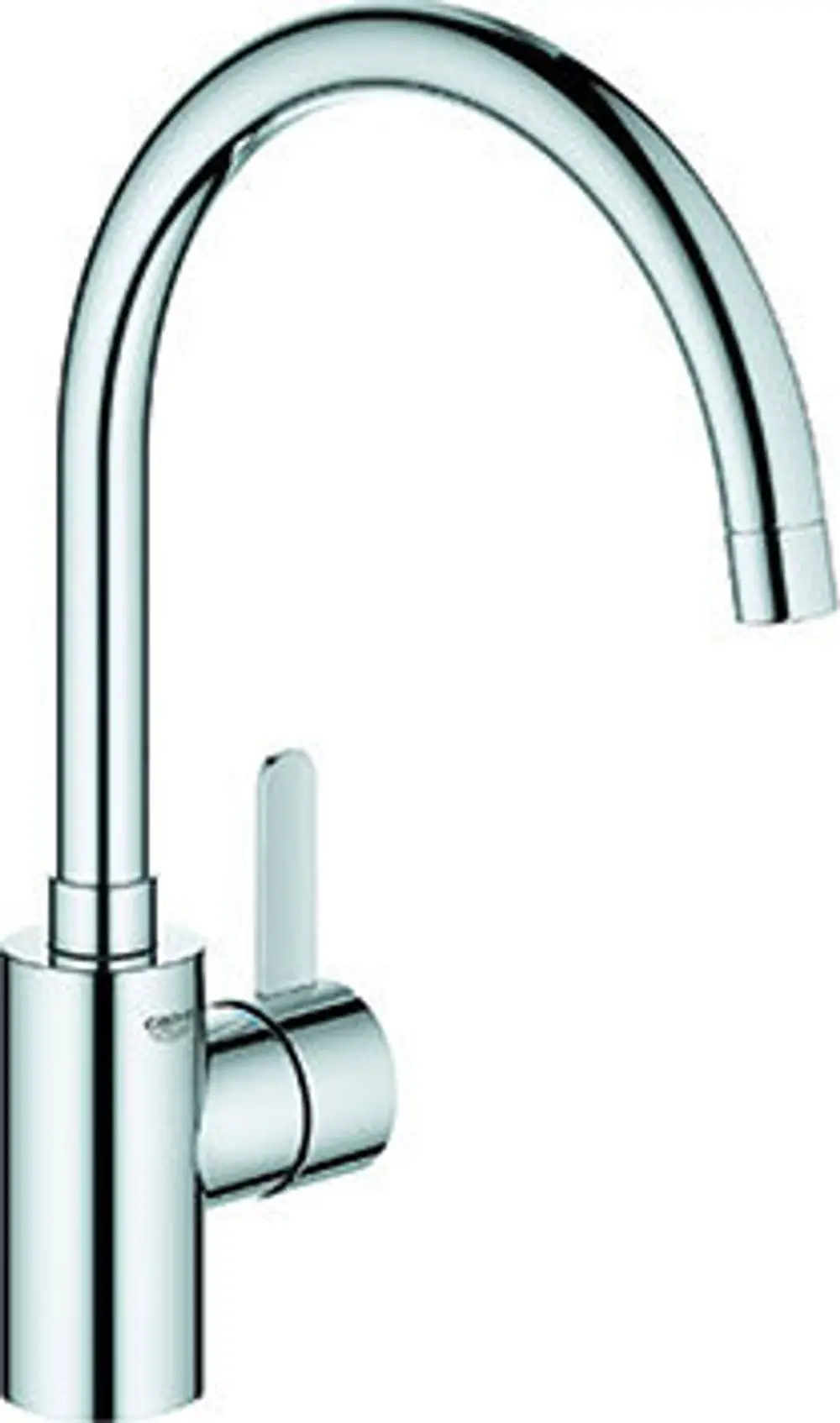 Chromfarbener Küchenarmatur von Grohe mit hohem Auslauf und seitlicher Steuerung für Wasserfluss und Temperatur, montiert auf einer flachen Oberfläche.