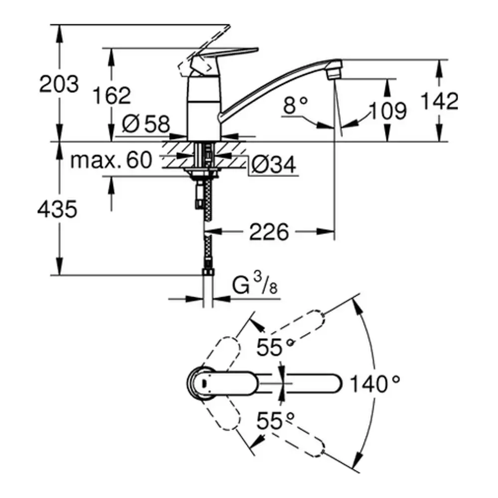 Grohe Wasserhahn mit flachem Auslauf, dargestellten Abmessungen und Diagramm für Installation. Sichtbare Dreh- und Neigungswinkel sowie Montageangaben sind im Bild enthalten.