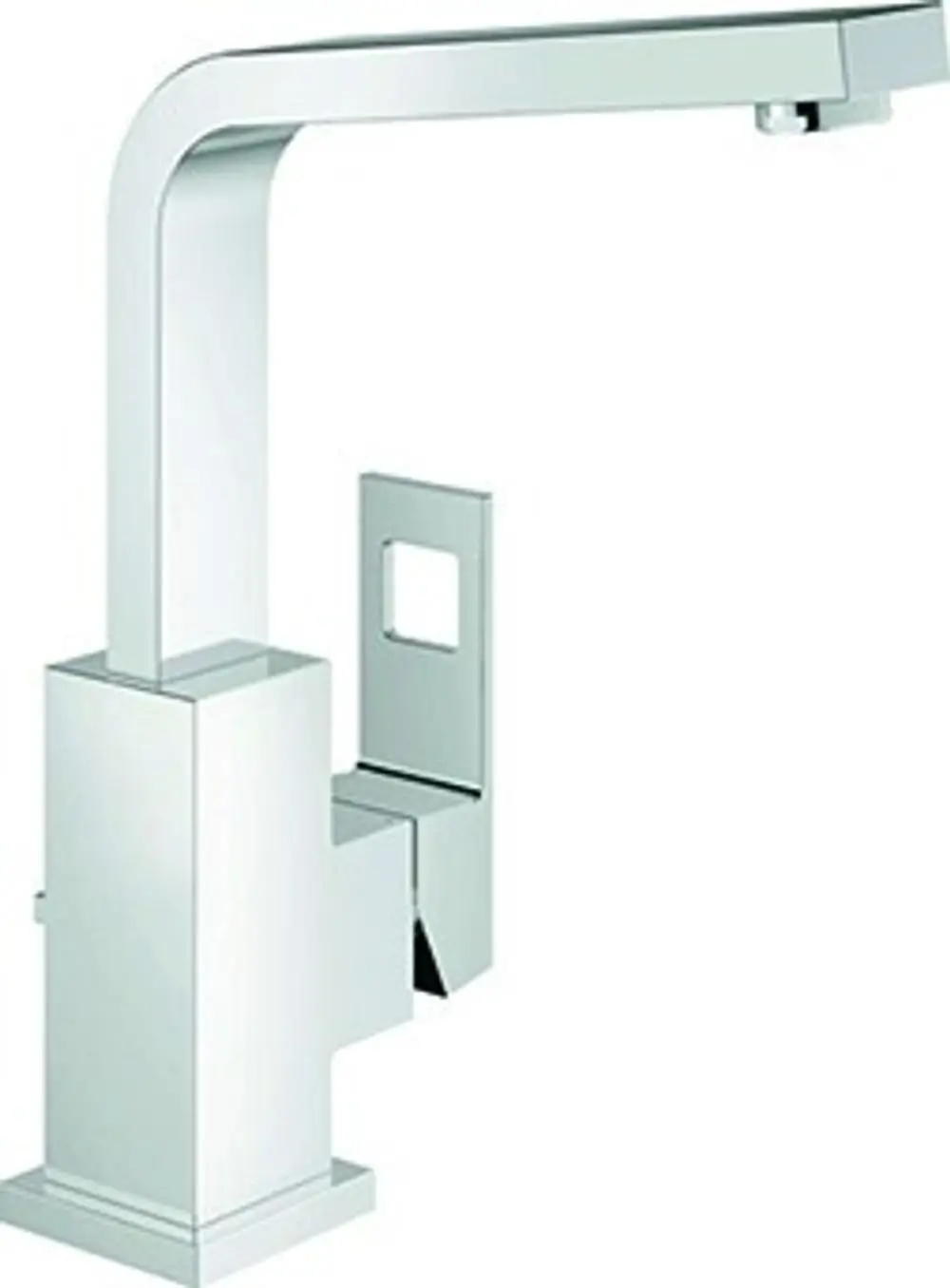 Hochformatige chromfarbene Armatur von Grohe mit quadratischem Auslauf und seitlichem Hebel, geeignet für Waschbeckenmontage.