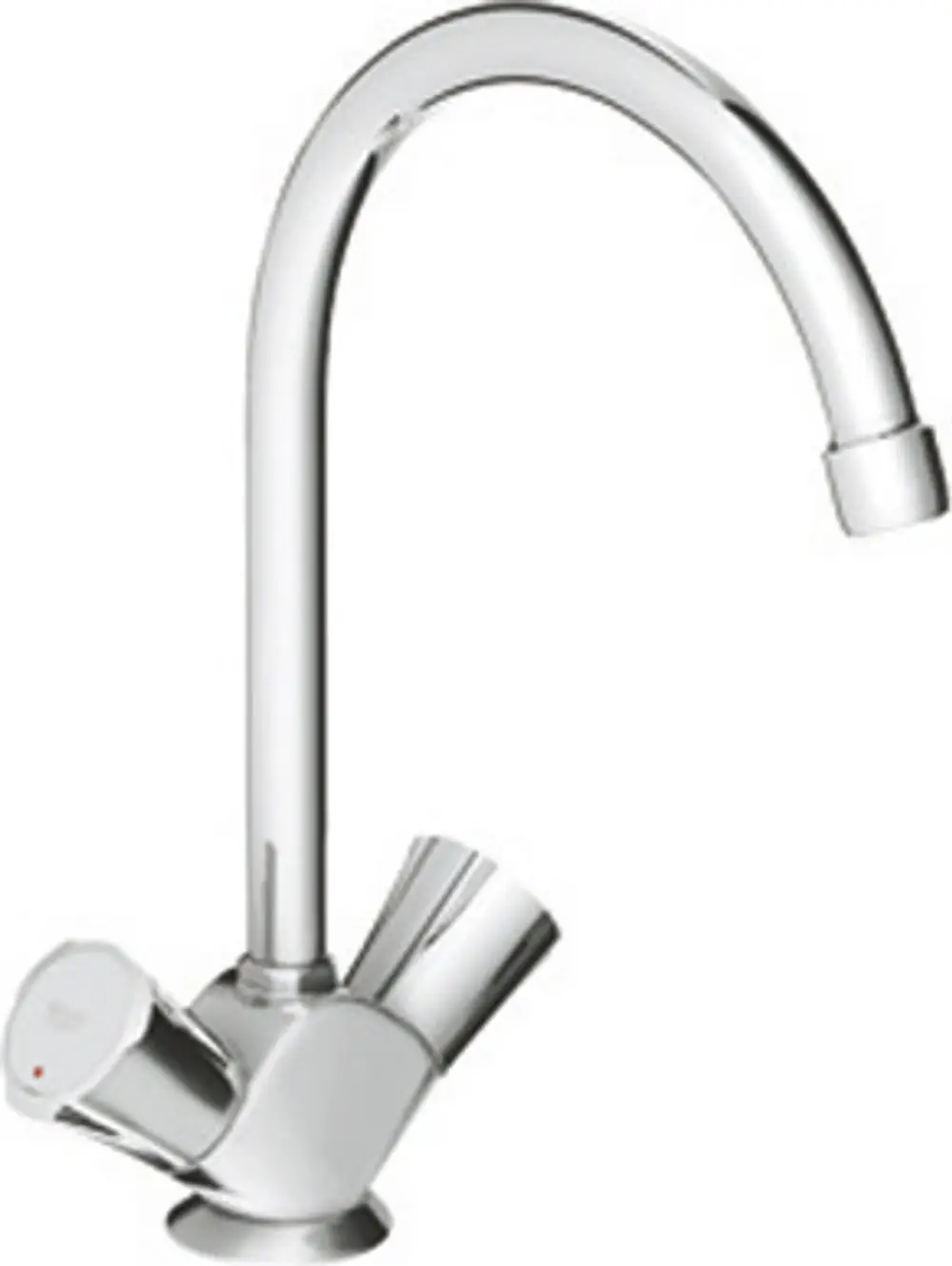 Chromfarbener Grohe Wasserhahn mit einem hohen, gebogenen Auslauf und zwei Griffen zur Regulierung der Wassertemperatur und -menge.