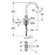 Ein Grohe-Wasserhahn mit zwei Griffen und einer gebogenen Auslaufarmatur. Die technischen Details sind in einer schematischen Zeichnung dargestellt.