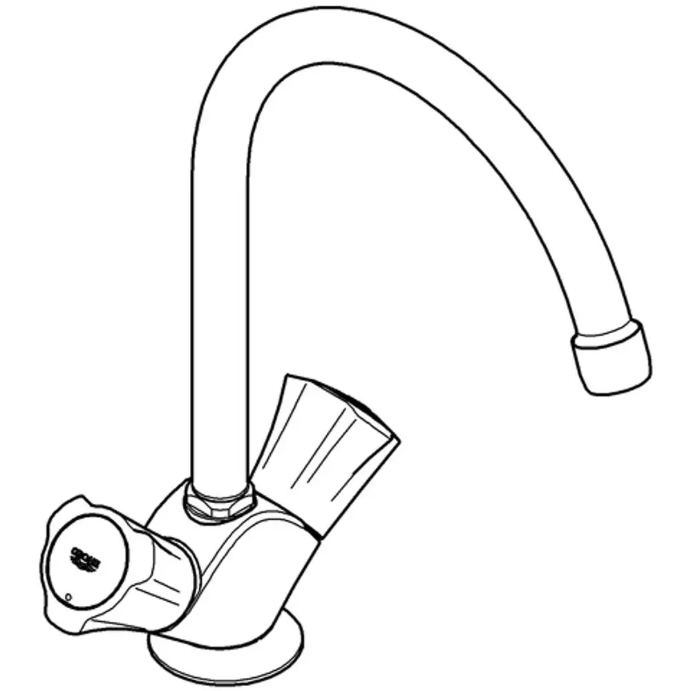 Grohe Wasserhahn mit zwei Griffen, gebogenem Auslauf und einer drehbaren Struktur, für den Einsatz in Spülküchen, montiert auf einem stabilen Sockel.