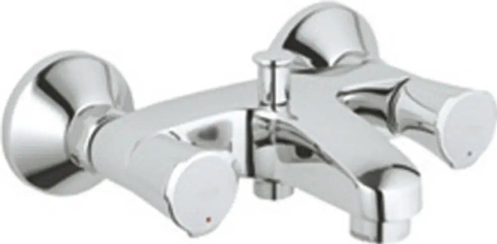 Wannenbatterie mit zwei Griffen und Wandmontage in chromfarbenem Finish, geeignet für die Installation an einer Badewanne, Marke Grohe.