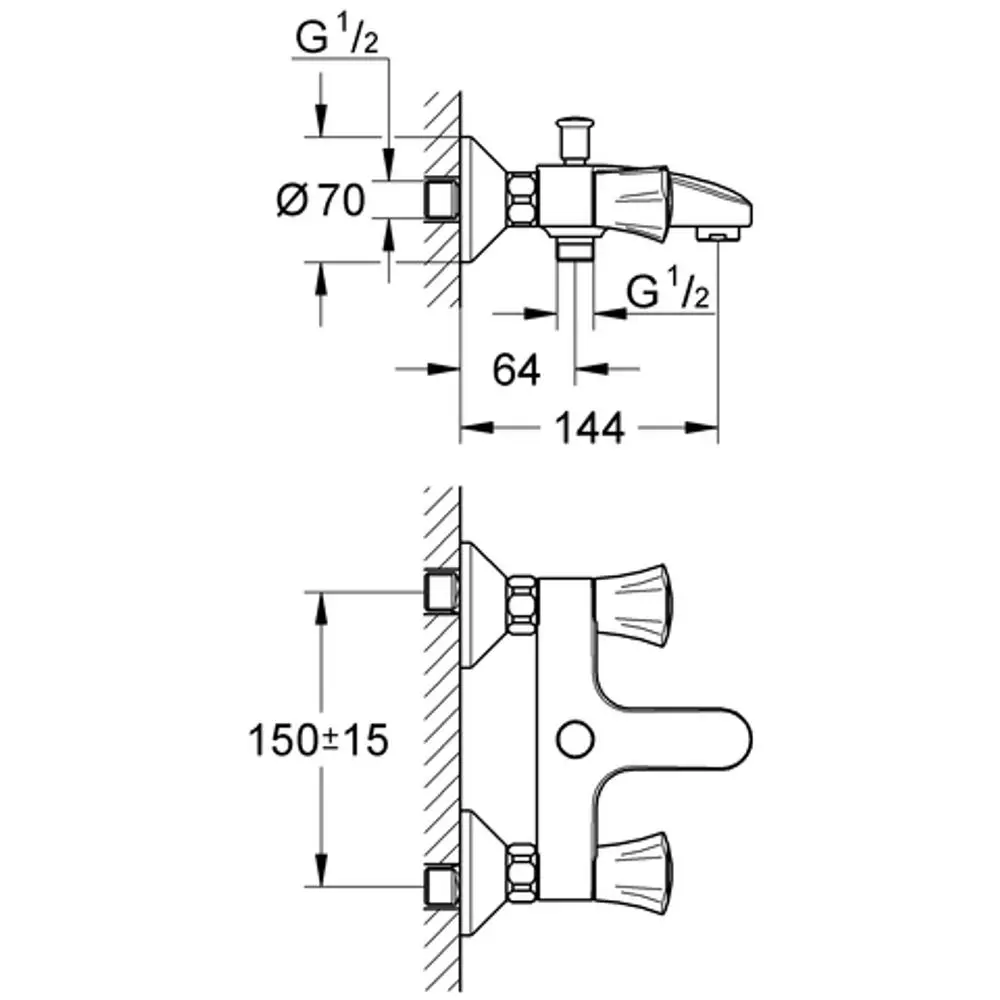 Zwei-Griff-Wannenbatterie von Grohe mit Wandmontage, abgebildet in technischer Zeichnung. Sichtbare Maße und Anschlusspunkte sind deutlich dargestellt.