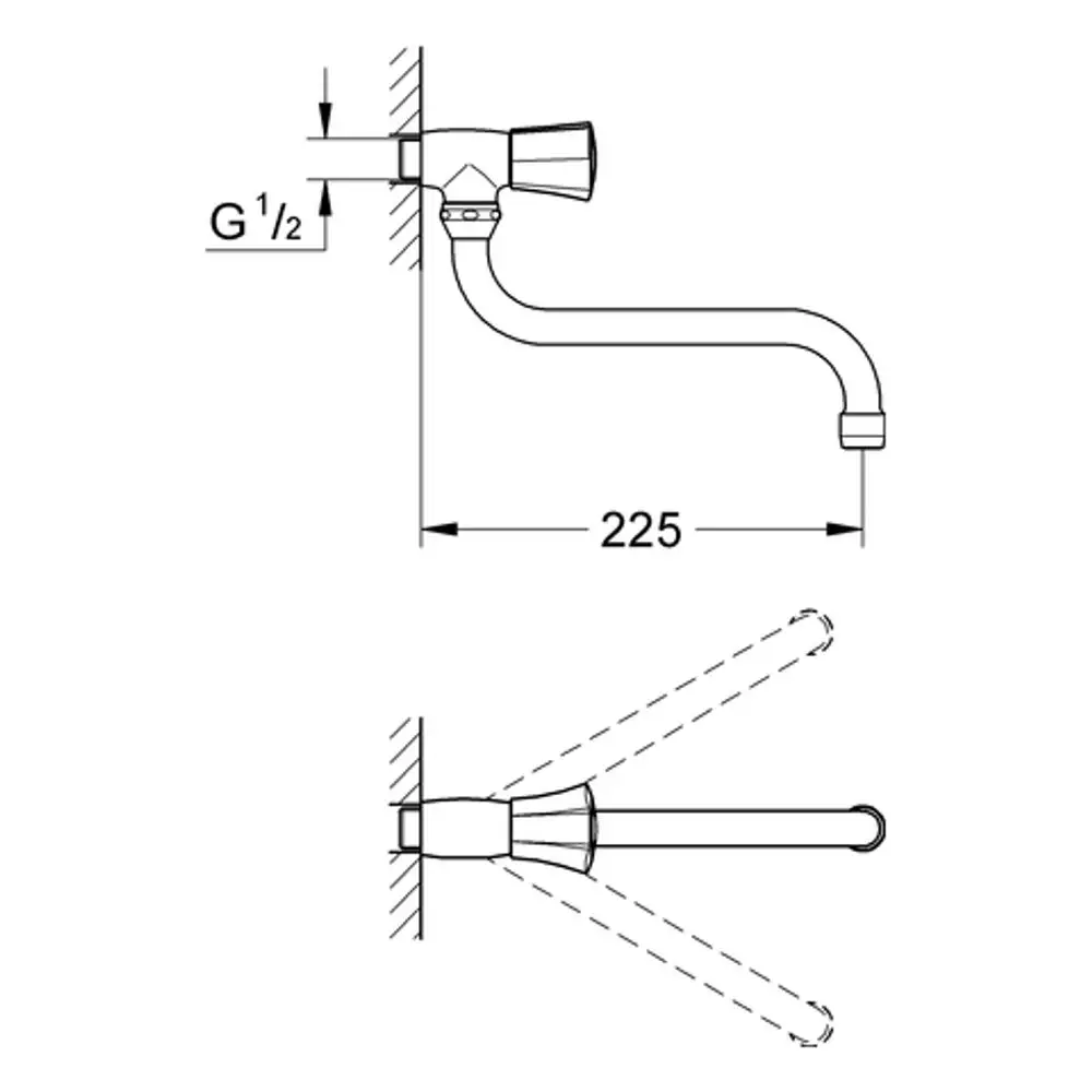 Wandmontiertes Auslaufventil von Grohe mit einem schwenkbaren Rohrauslauf. Das Design zeigt eine Verbindung zur Wand und einen flexiblen Wasserstrahl.