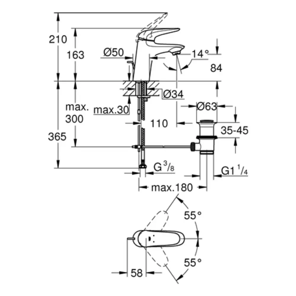Grohe-Wasserhahn mit Hebelsteuerung, technische Zeichnung mit Maßangaben und Montageinformationen, einschließlich Rohranschlüssen und Winkeldaten für die Installation.
