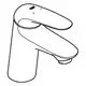 Grohe Wasserhahn mit einem geschwungenen Hebel und runder Basis, Desktop-Design in verchromter Oberfläche, geeignet für eine moderne Bad- oder Küchenausstattung.