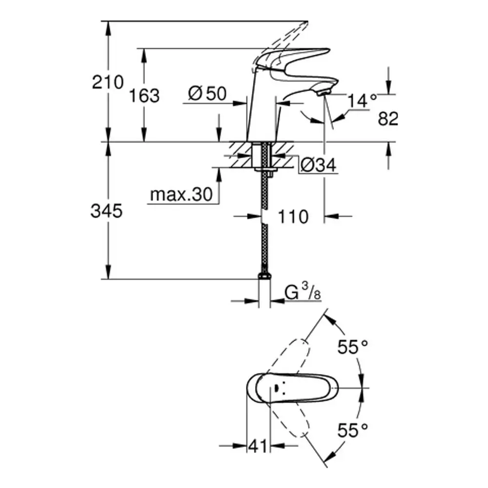 Grohe-Wasserhahn mit einem Hebel, dargestellt in zwei Ansichten. Maße und technische Details sind im Diagramm ersichtlich, einschließlich Montage- und Drehwinkelangaben.