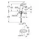 Grohe-Wasserhahn mit einem Hebel, dargestellt in zwei Ansichten. Maße und technische Details sind im Diagramm ersichtlich, einschließlich Montage- und Drehwinkelangaben.
