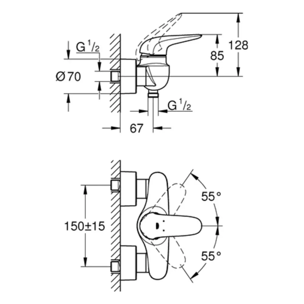 GROHE Wasserhahn mit Wandmontage. Technische Zeichnung zeigt Maße und Montageanleitungen für Installation und Nutzung. Schwenkbereich und Anschlussdetails sind dargestellt.