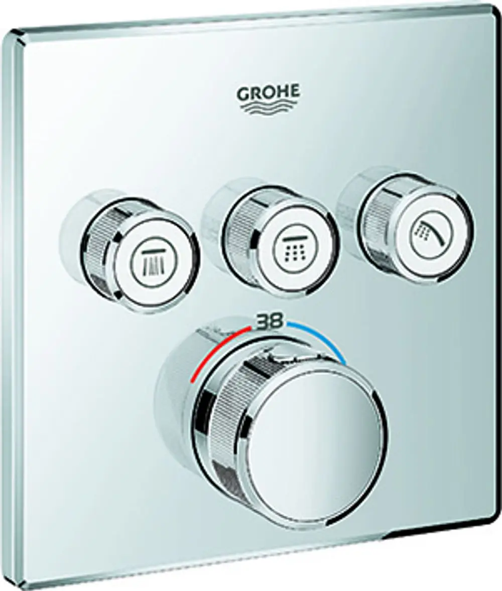 Grohe Thermostat mit drei Drehknöpfen auf reflektierender Platte. Funktionen für Wasserfluss und Temperaturregelung sind klar erkennbar.