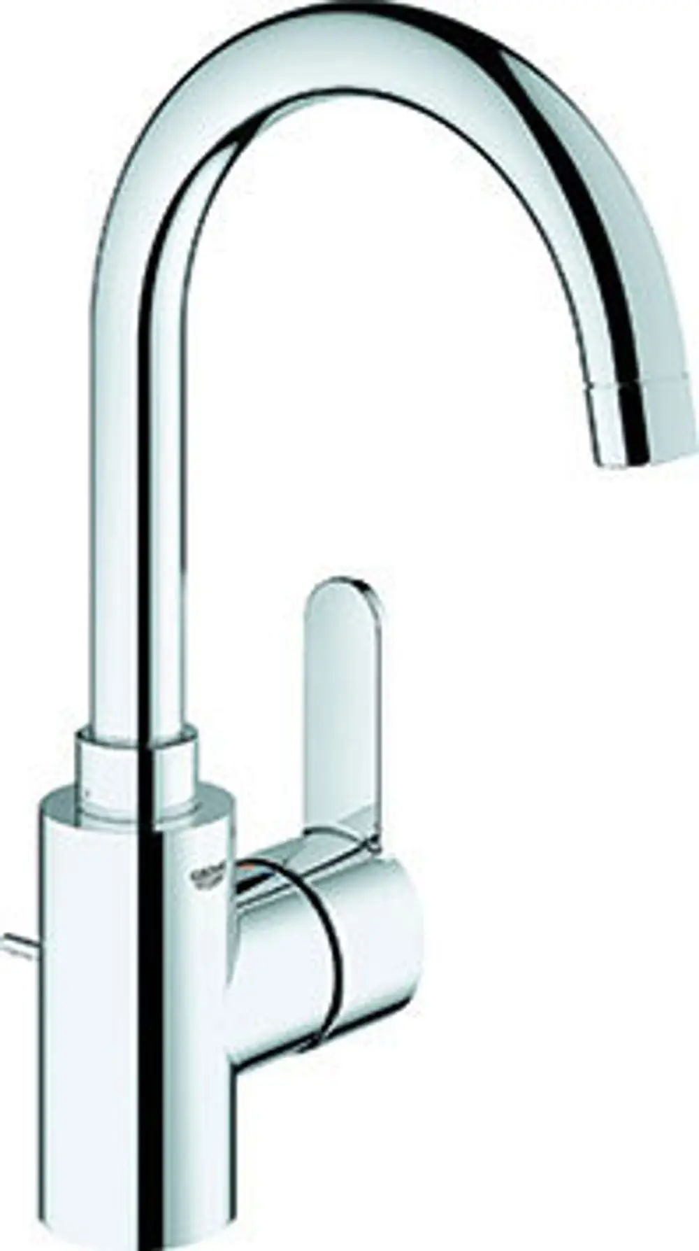 Grohe Wasserhahn in chrom mit gebogenem Auslauf und seitlichem Hebel zur Steuerung von Wasserfluss und Temperatur.