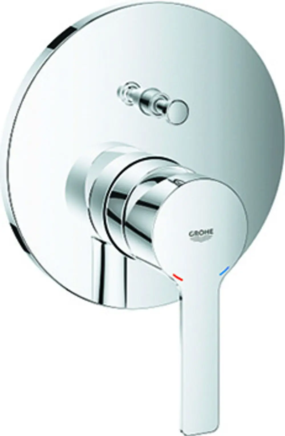 Grohe-Wannenbatterie mit einem runden, glänzenden Bedienfeld und einem einhebeligen Wasserhahn zur Temperatur- und Mengeneinstellung.