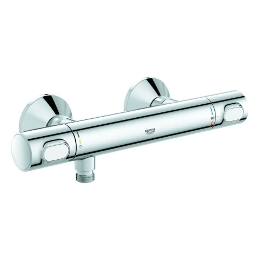 Kromfarbene Wandmontage-Brausebatterie von Grohe mit Temperatur- und Wassermengenregler, ausgestattet mit zwei drehbaren Bedienelementen und natürlichem Design.
