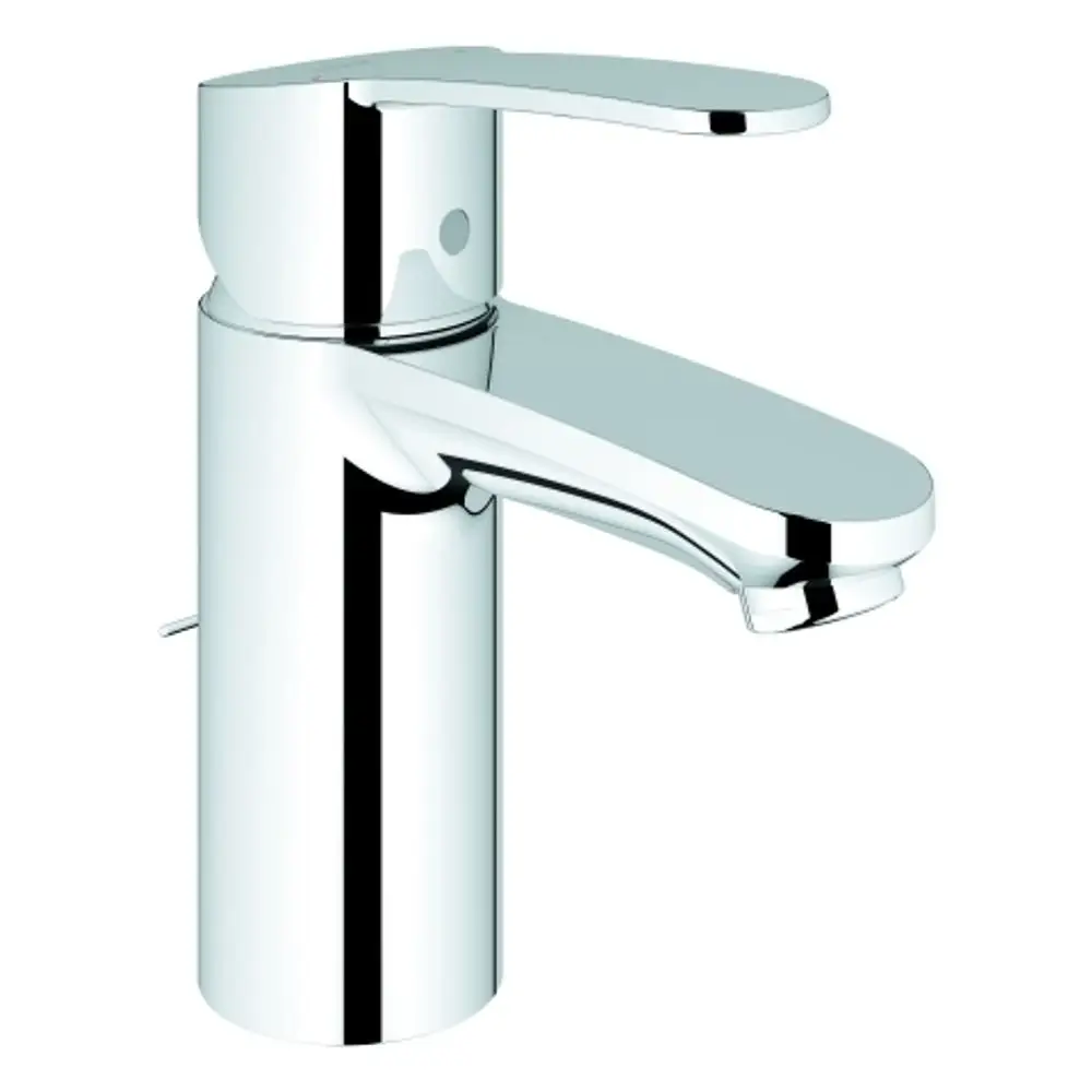 Chromfarbener Wasserhahn von Grohe mit einem langen, gebogenen Auslauf und einem flachen Hebel. Ideal für moderne Badezimmeranwendungen.