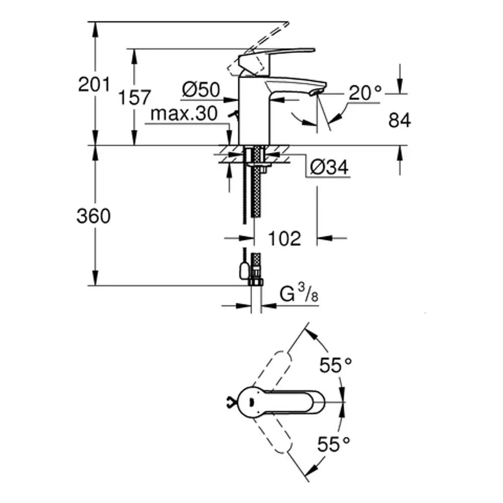 GROHE Armatur mit Hebel und zylindrischem Auslauf, dargestellt in einer technischen Zeichnung mit Maßangaben und Installationsdetails.