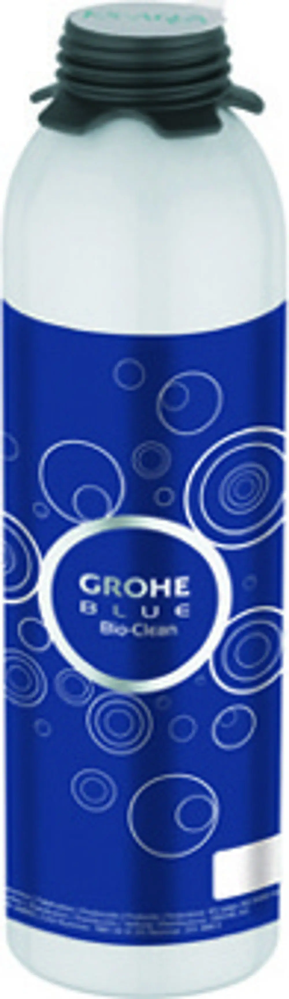 Grohe Reinigungs-Kartusche in blauer Verpackung mit weißen Kreisen und einem schwarzen Deckel, für den Einsatz in Grohe Blue Kühlern.