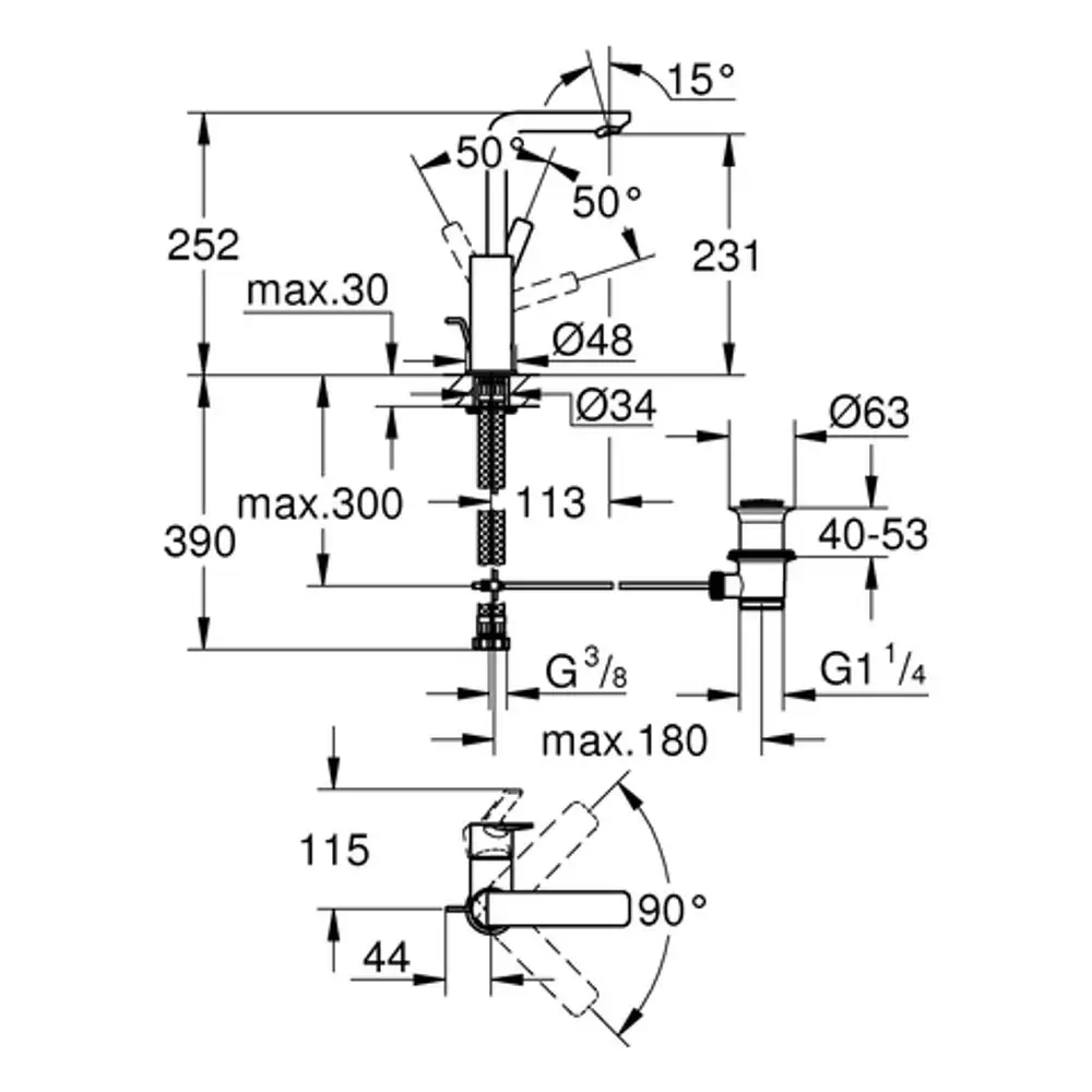 Wasserhahn von Grohe mit Einhebelbedienung und strukturiertem Design. Das Diagramm zeigt Maße und technische Details der Installation.