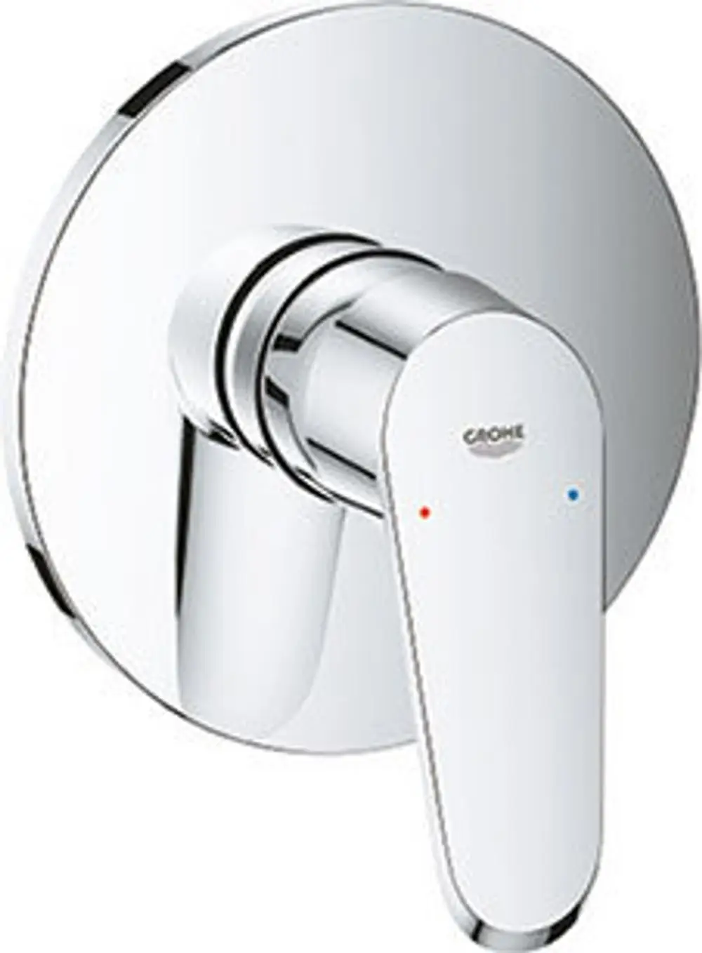 Chromfarbener Wasserhahn mit einstellbarem Hebel, links und rechts markiert für Warm- und Kaltwasser, montiert an einer runden Wandplatte, Marke Grohe.