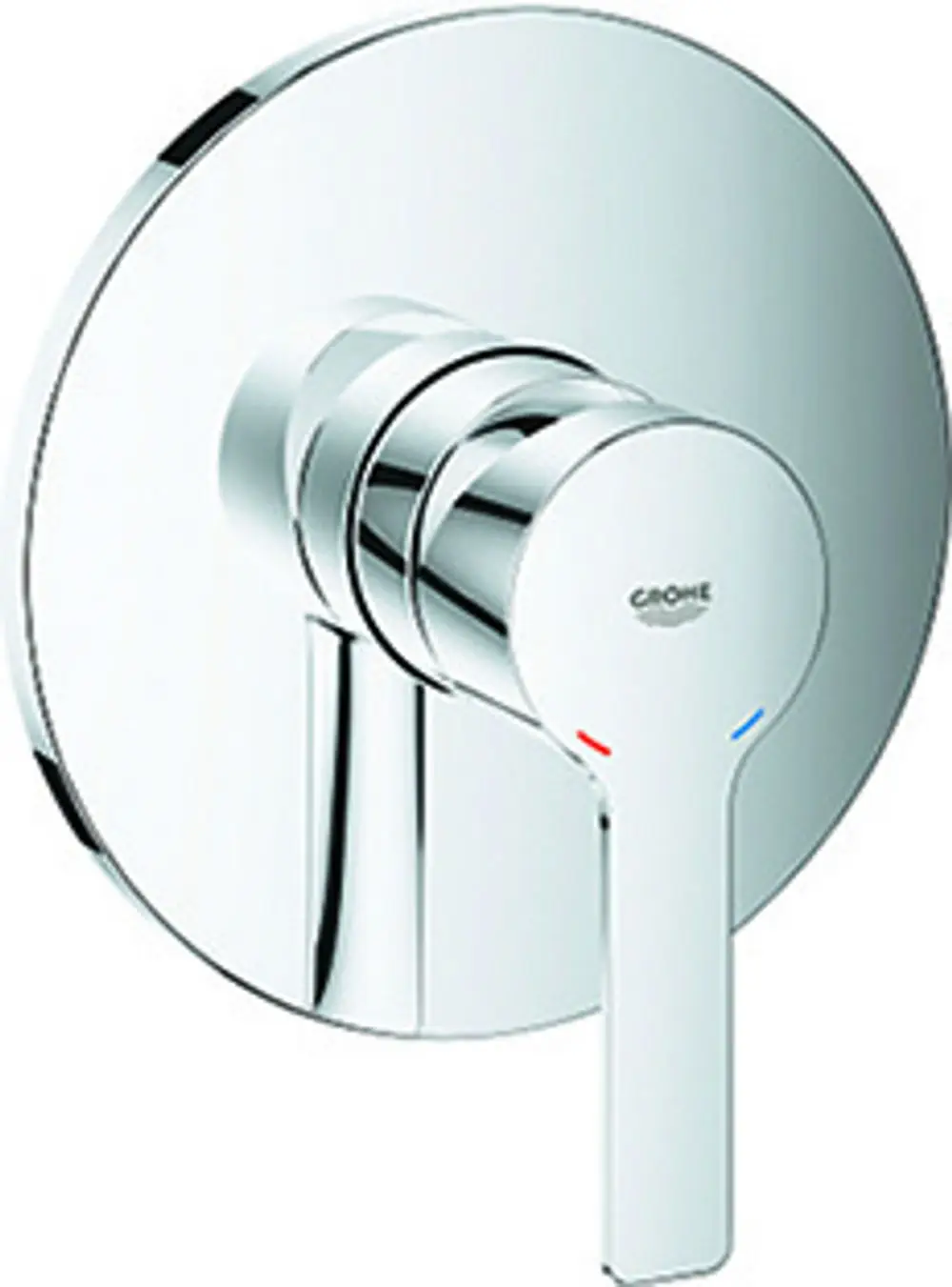 Ein moderner, runder Wasserhahn von Grohe mit einem verchromten Finish und einem Hebel zur Regulierung von Temperatur und Wasserfluss.