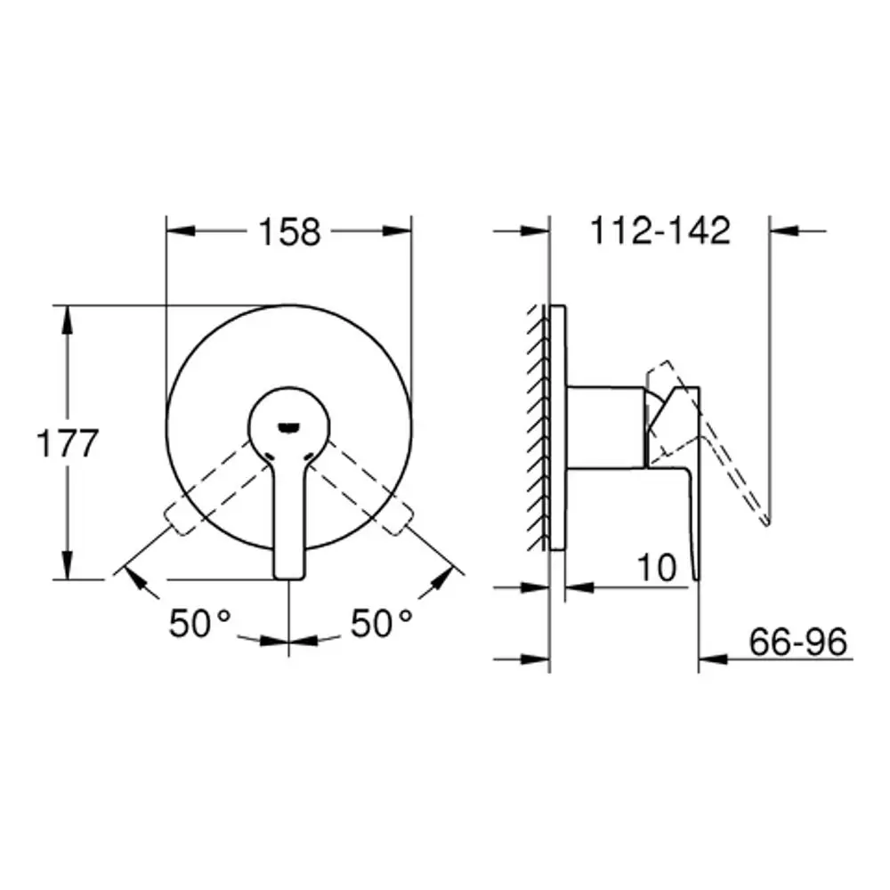 Schematische Darstellung einer Grohe-Brausebatterie mit Rundform, Hebel und maßlichen Angaben zur Montage und Positionierung.