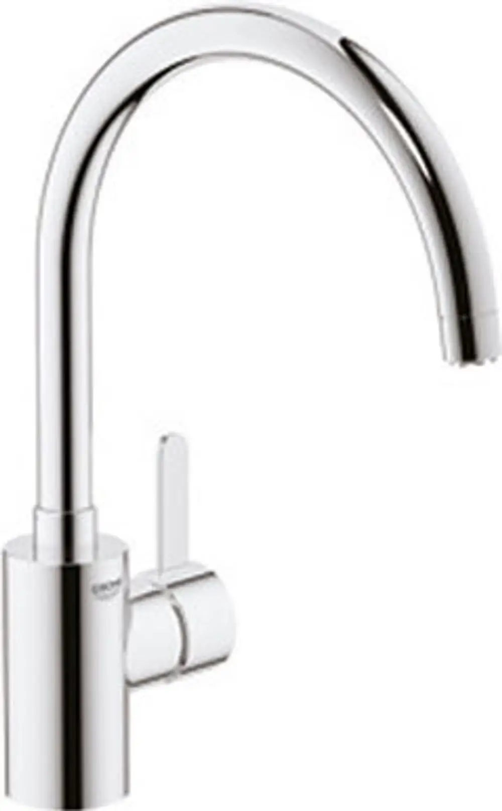 Hochgezogener, glänzender Wasserhahn aus Chrom mit seitlichem Hebel, hergestellt von Grohe, geeignet für Niederdrucksysteme.