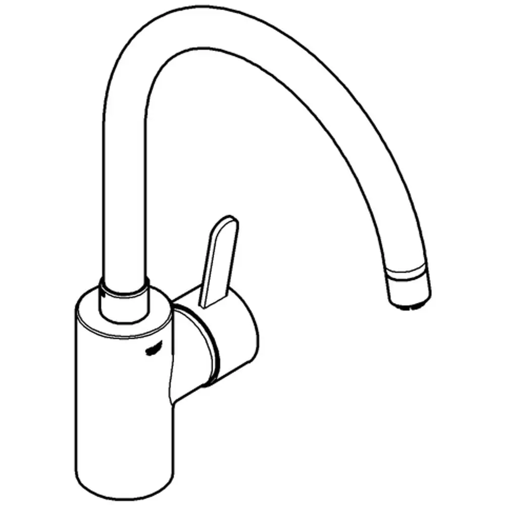Hochauslaufender Wasserhahn mit einem einzelnen Hebel für die Temperatur- und Mengenregulierung, dargestellt in einem klaren, technischen Design von Grohe.