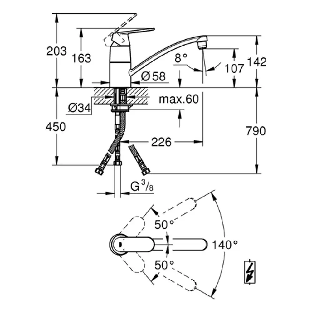Grohe Armatur mit flachem Auslauf und gebogenem Auslauf, Maße und Anschlussdetails ersichtlich, geeignet für Niederdrucksysteme. Technische Zeichnung zeigt Installation und Bewegungswinkel.
