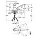Grohe Armatur mit flachem Auslauf und gebogenem Auslauf, Maße und Anschlussdetails ersichtlich, geeignet für Niederdrucksysteme. Technische Zeichnung zeigt Installation und Bewegungswinkel.