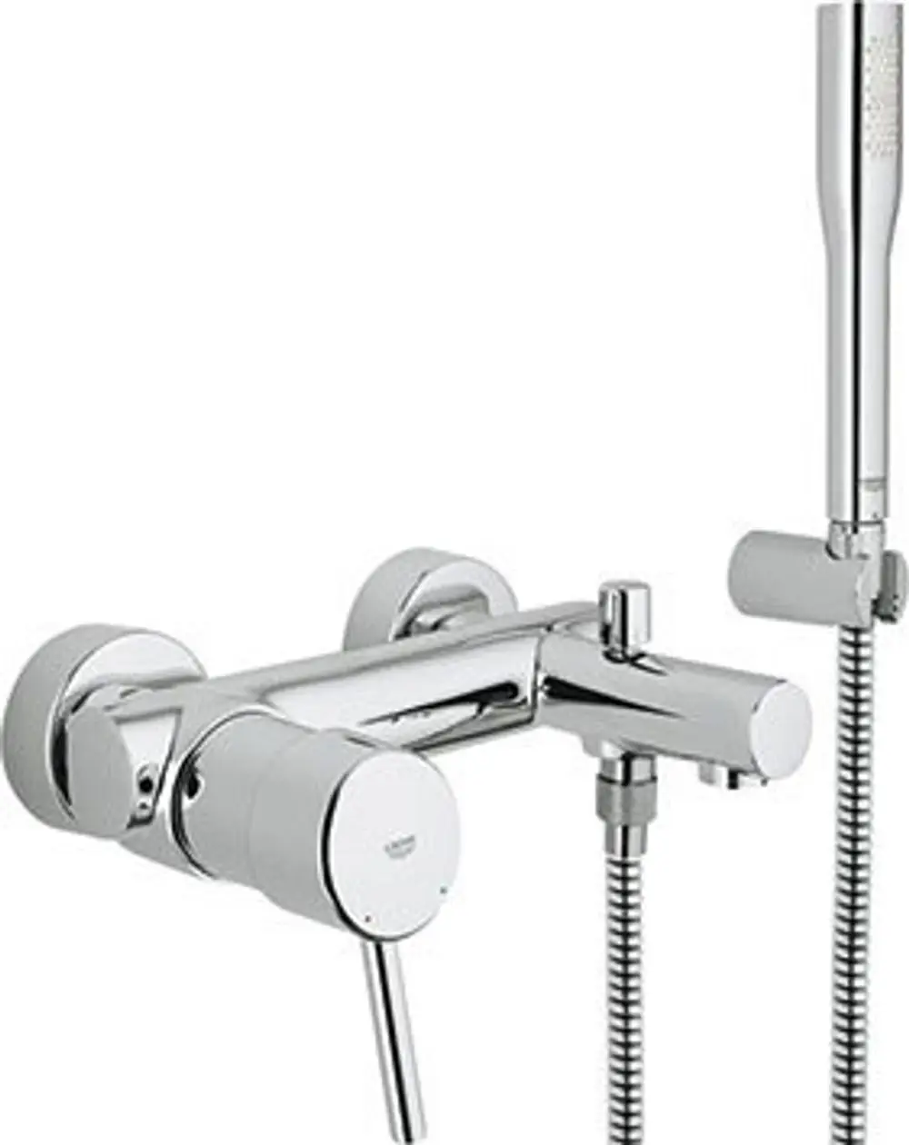 Grohe Wandmontage-Wannenbatterie mit Handbrause. Verchromte Oberfläche, zwei Bedienknöpfe und ein flexibler Schlauch für die Dusche.